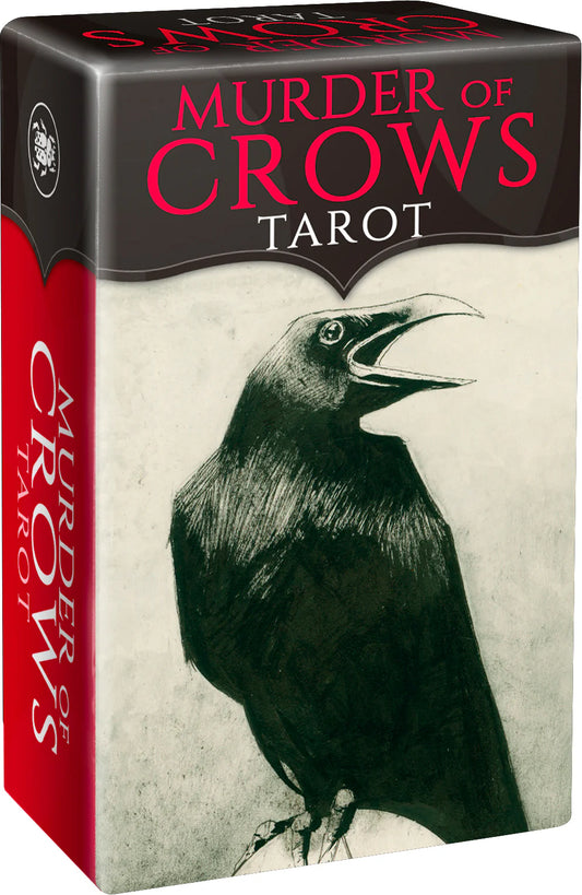 Murder of Crows Tarot Mini by Corrado Roi – gothic 78-card deck featuring black-and-white crow illustrations, offering dark and esoteric readings.
