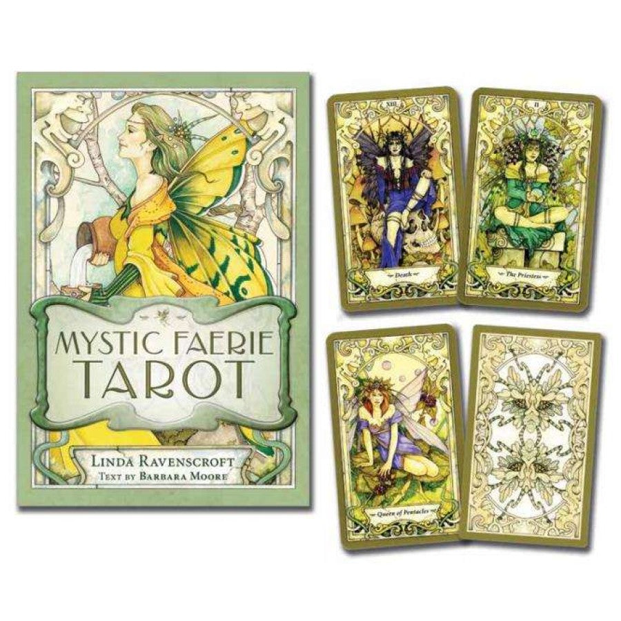 Mystic Faerie Tarot by Barbara Moore & Linda Ravenscroft – 78-card deck featuring enchanting watercolor illustrations of faeries, elves, and nymphs, accompanied by a 288-page guidebook with faerie-themed spreads and tarot interpretations.
