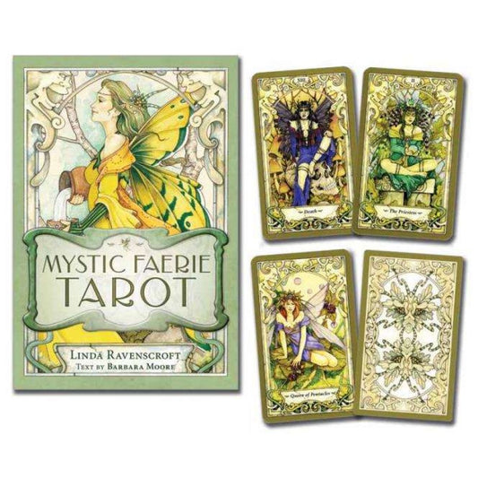Mystic Faerie Tarot by Barbara Moore & Linda Ravenscroft – 78-card deck featuring enchanting watercolor illustrations of faeries, elves, and nymphs, accompanied by a 288-page guidebook with faerie-themed spreads and tarot interpretations.
