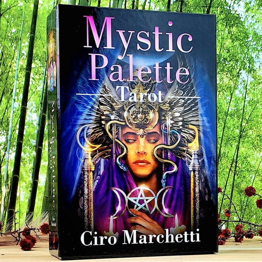Mystic Palette Tarot Kit by Ciro Marchetti – 78-card deck and 120-page guidebook featuring vibrant jewel-toned illustrations inspired by Rider-Waite-Smith symbolism, housed in a magnetic closure box.
