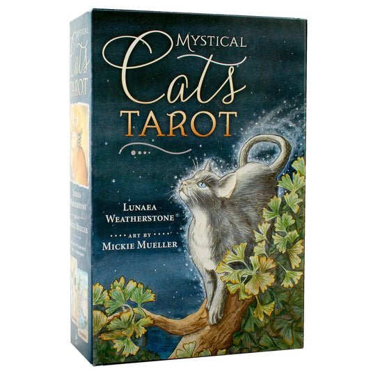 Mystical Cats Tarot by Lunaea Weatherstone & Mickie Mueller – 78-card deck with 216-page guidebook featuring feline-themed tarot artwork.
