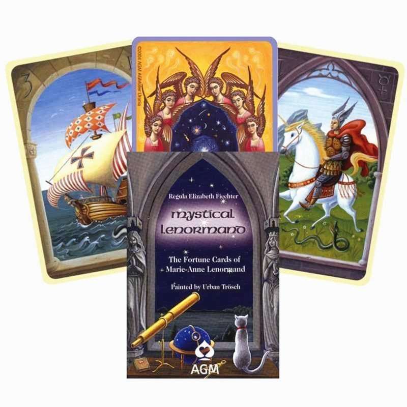 Mystical Lenormand by Regula Elizabeth Fiechter – 36-card deck featuring whimsical, vintage-style illustrations by Urban Trösch, inspired by 18th-century fortune-telling cards, with a 34-page guidebook for intuitive readings.

