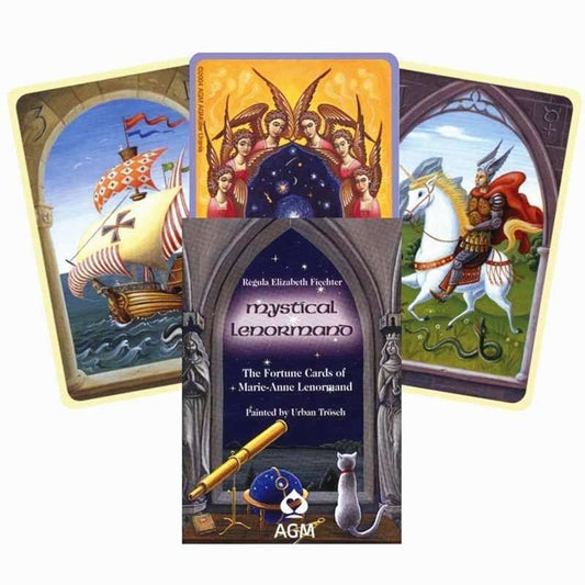 Mystical Lenormand by Regula Elizabeth Fiechter – 36-card deck featuring whimsical, vintage-style illustrations by Urban Trösch, inspired by 18th-century fortune-telling cards, with a 34-page guidebook for intuitive readings.
