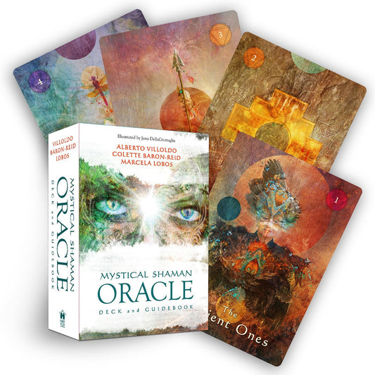 Mystical Shaman Pocket Oracle by Alberto Villoldo, Colette Baron-Reid, and Marcela Lobos – 64-card deck and guidebook in a keepsake tin, featuring indigenous shamanic symbols, animals, and natural forces from cultures worldwide, designed for on-the-go spiritual guidance.
