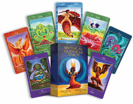 Mythical Goddess Tarot 10th Anniversary Edition by Sage Holloway & Katherine Skaggs – a 78-card deck featuring vibrant shamanic artwork and a 136-page guidebook, celebrating the Sacred Feminine through global goddess archetypes.
