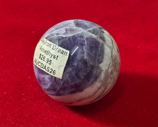 Natural Chevron Dream Amethyst Crystal Sphere Shape – polished amethyst sphere with chevron patterns, perfect for spiritual healing and clarity.
