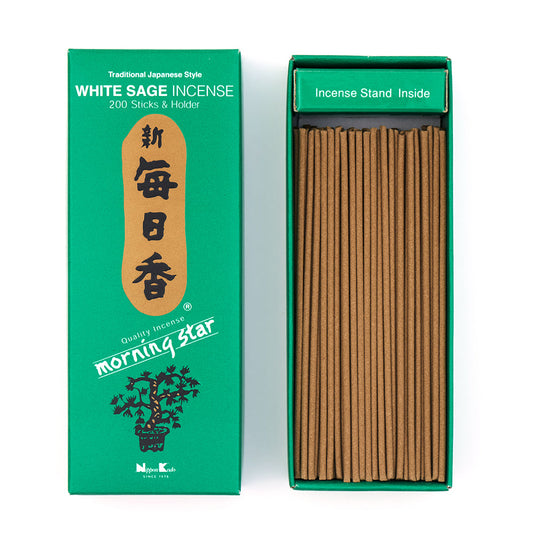 Nippon Kodo Morning Star White Sage 200-stick box, official manufacturer photograph