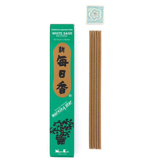 Nippon Kodo Morning Star White Sage 50-stick box, official manufacturer photograph
