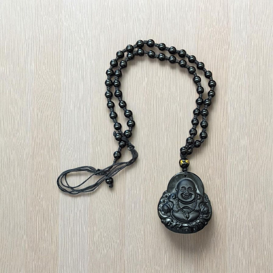 Black Obsidian 6mm Knotted Mala Necklace with 1.75" Happy Buddha – Adjustable
