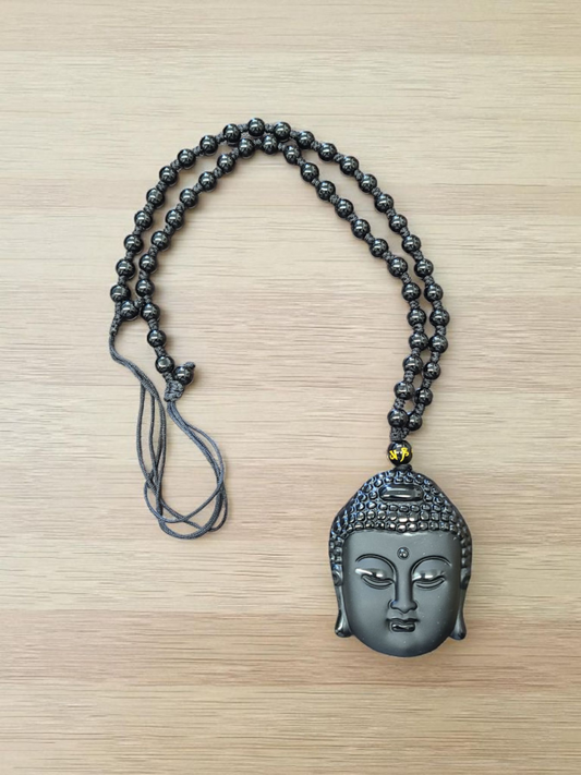 Black Obsidian 6mm Knotted Mala Necklace with 2" Buddha Face – Adjustable
