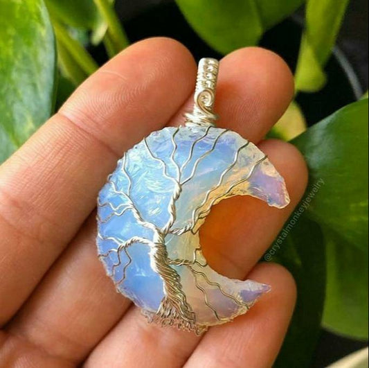 Opalite Raw Moon Tree of Life Wire Wrapped Pendant