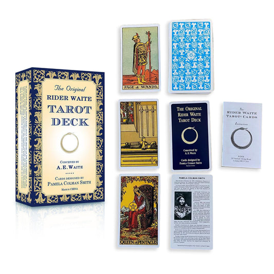 The Original Rider-Waite Tarot Set by Pamela Colman Smith – a 78-card deck with restored 1909 color palette and classic symbolism.

