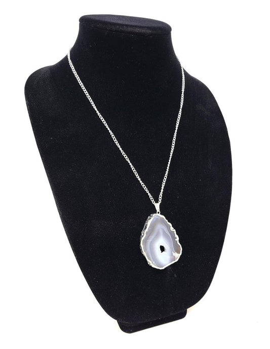 Agate Slice Silver Electroplated Pendant With 24" Plated Metal Chain
