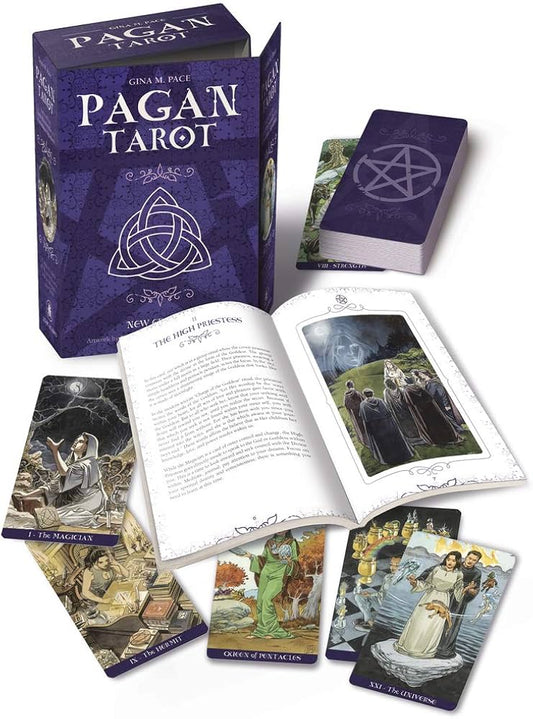 Pagan Tarot Kit by Gina M. Pace – 78-card deck featuring modern Pagan and Wiccan symbolism, with borderless artwork by Luca Raimondo and Cristiano Spadoni, accompanied by a 160-page guidebook.
