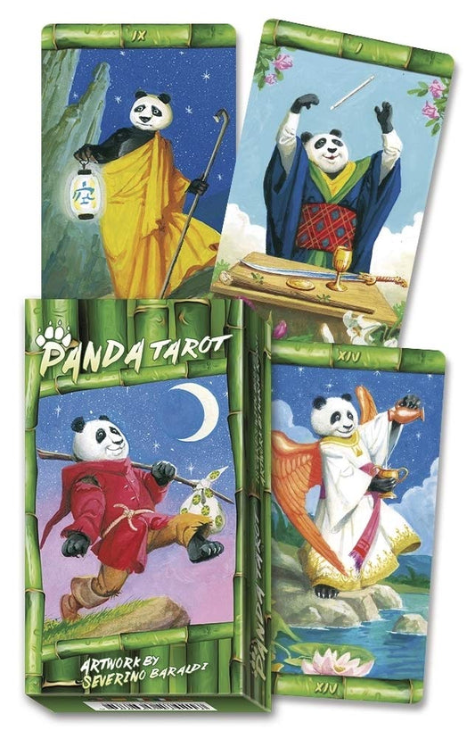 Panda Tarot by Severino Baraldi – a whimsical 78-card deck featuring pandas in traditional tarot scenes, blending charm with symbolism.
