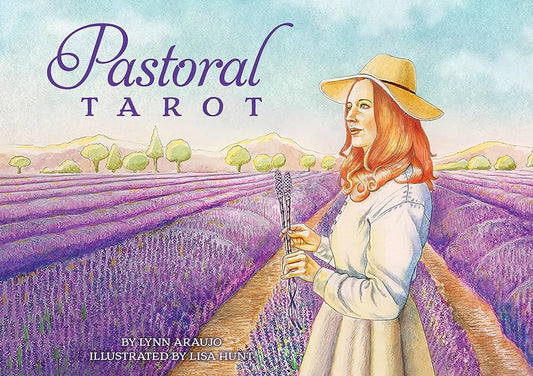 Pastoral Tarot by Lynn Araujo & Lisa Hunt – 78-card deck featuring horizontal watercolor landscapes depicting rural life and nature, accompanied by a 180-page illustrated guidebook. Includes linen pouch and drawstring bag.
