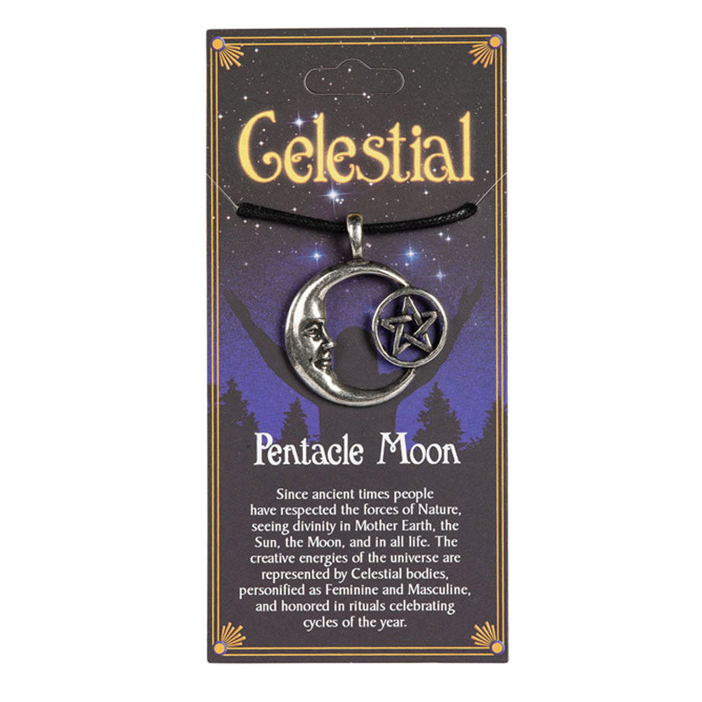 Pentacle Moon pewter pendant with crescent moon face and pentacle star on black cord, shown on Celestial retail display card