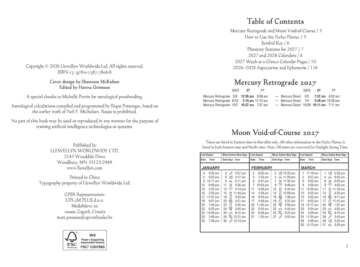 Llewellyn's 2027 Astrological Pocket Planner: Daily Ephemeris & Aspectarian 2026-2028
