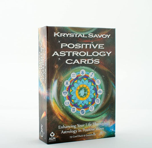 Positive Astrology Cards by Krystal Savoy – 73-card deck featuring Zodiac Sun, Moon, Ascendant signs, planets, houses, and more, accompanied by a 76-page illustrated guidebook, designed for intuitive astrology readings.
