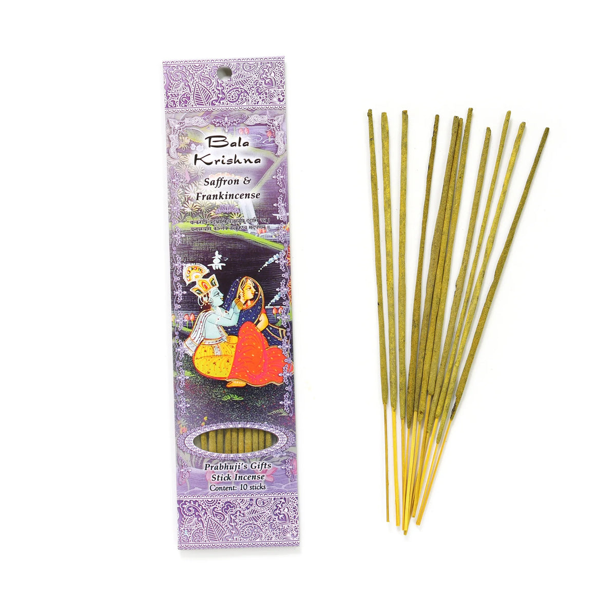 Prabhuji’s Gifts Bala Krishna Incense Sticks – saffron and frankincense scent for spiritual cleansing, meditation, and uplifting energy.
