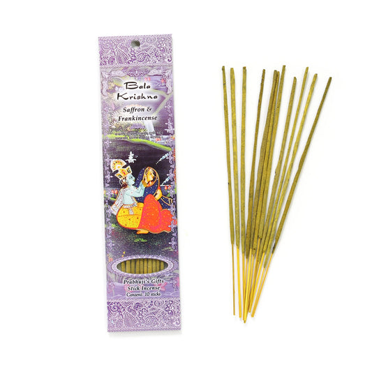 Prabhuji’s Gifts Bala Krishna Incense Sticks – saffron and frankincense scent for spiritual cleansing, meditation, and uplifting energy.