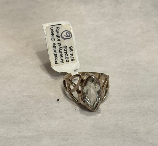 Prasiolite Green Amethyst Infinity Sterling Silver Ring size 6 – elegant green crystal jewelry symbolizing infinity, balance, and spiritual growth.

