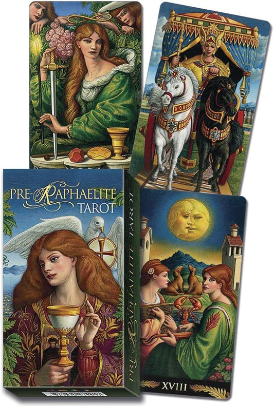 Pre-Raphaelite Tarot by Giuliano Costa – 78-card deck featuring vivid colors and medieval imagery inspired by the Pre-Raphaelite movement, based on traditional Rider-Waite-Smith symbolism.
