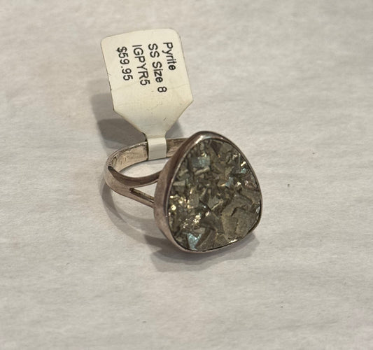 Pyrite Sterling Silver Ring size 8 – sparkling golden crystal jewelry symbolizing abundance, protection, and confidence.
