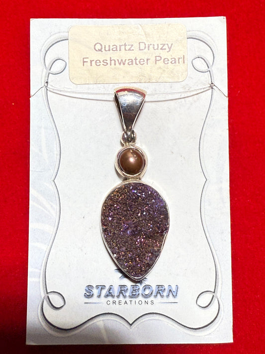 Quartz Druzy Freshwater Pearl Sterling Silver Pendant – elegant jewelry featuring sparkling quartz druzy and lustrous freshwater pearl symbolizing purity and healing.
