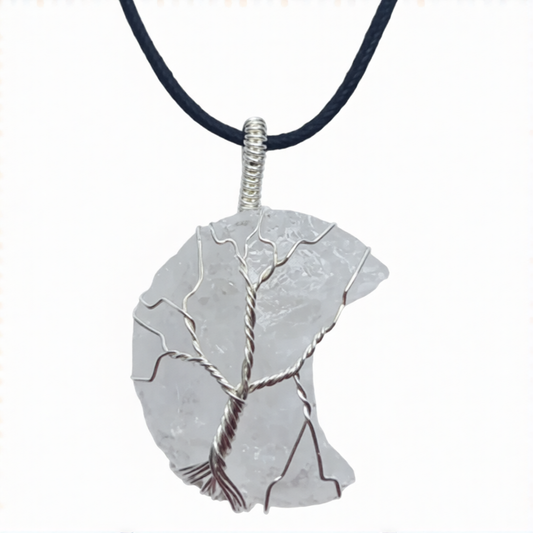 Clear Quartz Raw Moon Tree of Life Wire Wrapped Pendant
