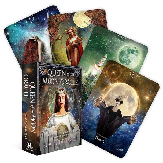 Queen of the Moon Oracle by Stacey Demarco with art by Kinga Britschgi – A 44-card oracle deck featuring lunar phase imagery in jewel tones, with a 120-page guidebook for seasonal and moon-cycle guidance.
