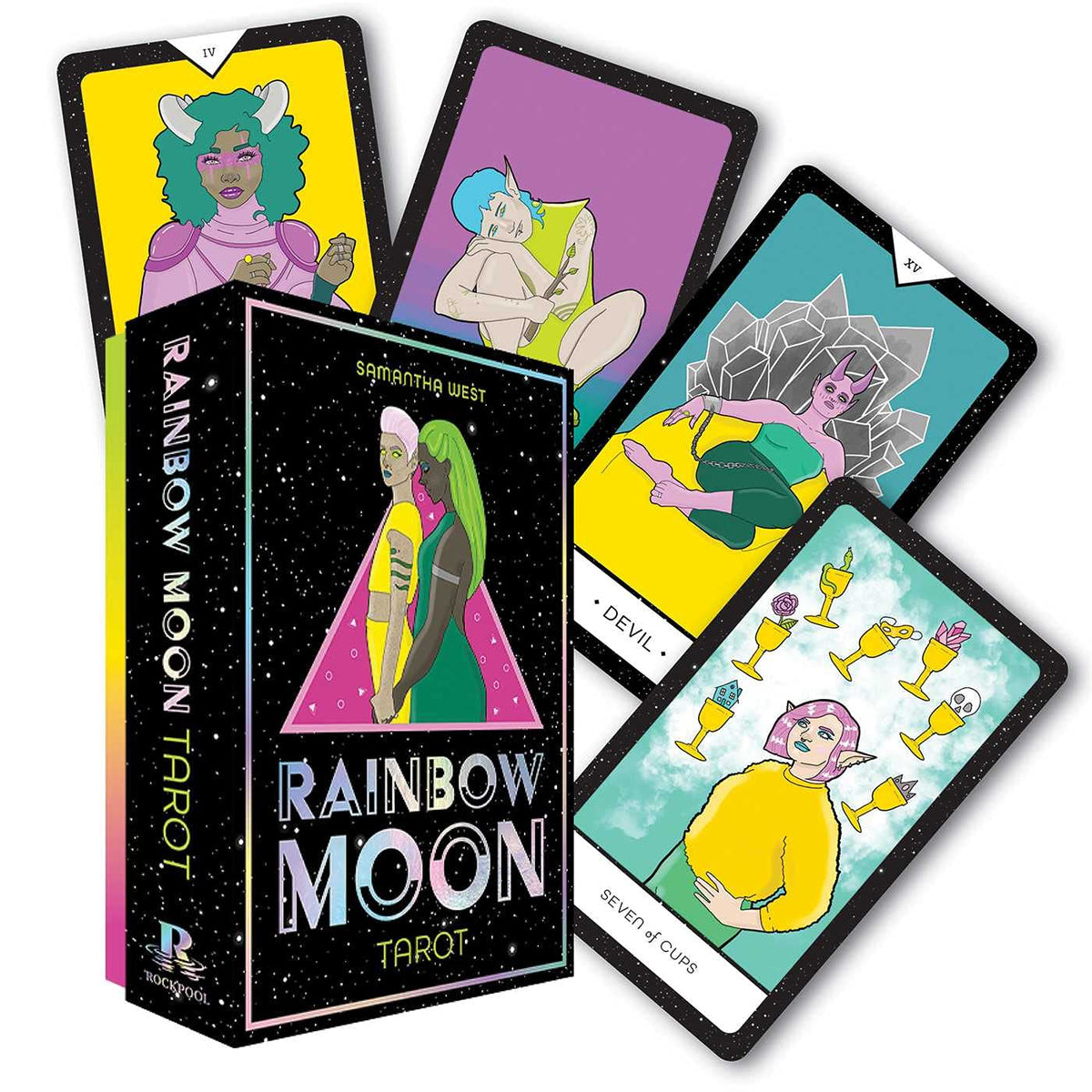 Rainbow Moon Tarot by Sam Rook – 78-card deck and 144-page guidebook featuring whimsical, gender-neutral illustrations celebrating inclusivity and cosmic beauty.
