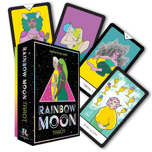 Rainbow Moon Tarot by Sam Rook – 78-card deck and 144-page guidebook featuring whimsical, gender-neutral illustrations celebrating inclusivity and cosmic beauty.
