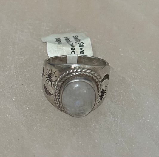 Rainbow Moonstone Celestial Buddha Eye Jali Rings Sterling Silver Ring size 6 – intricate silver jewelry featuring moonstone, Buddha eye, and celestial designs symbolizing protection and spirituality.
