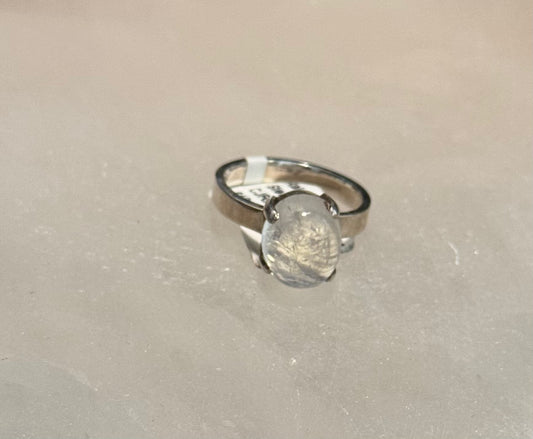 Rainbow Moonstone Oval Claw Flat Band Sterling Silver Ring size 8 – elegant silver jewelry featuring oval moonstone with claw setting and flat band design symbolizing intuition and grace.
