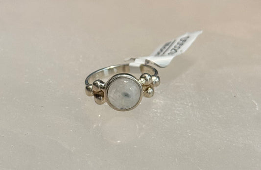 Rainbow Moonstone Round Sterling Silver Ring size 6 – elegant silver jewelry featuring round iridescent moonstone symbolizing intuition and spiritual insight.
