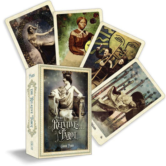 The Relative Tarot by Carrie Paris & Tina Hardt – 82-card deck featuring vintage 19th-century photographs of ancestors, overlaid with traditional tarot imagery, designed for ancestral connection and self-discovery.
