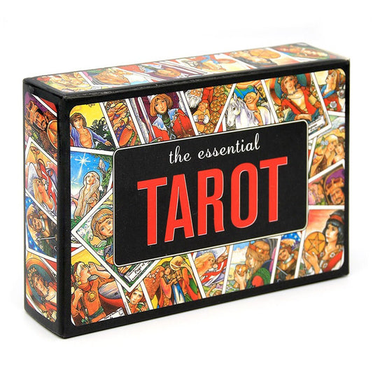 The Essential Tarot Kit by Rosalind Simmons & Mary Hanson-Roberts – 78-card deck with 112-page hardcover guidebook, featuring classic Rider-Waite-Smith imagery in a keepsake box.
