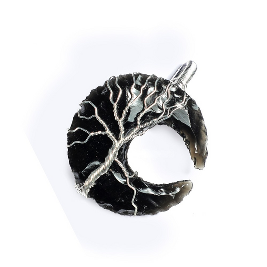 Black Obisidian Raw Moon TRee Of Life Wire Wrapped Pendant