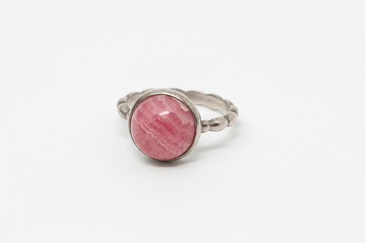 Rhodochrosite Sterling Silver Ring size 8 – elegant silver jewelry featuring vibrant pink crystal known for love, compassion, and emotional healing.
