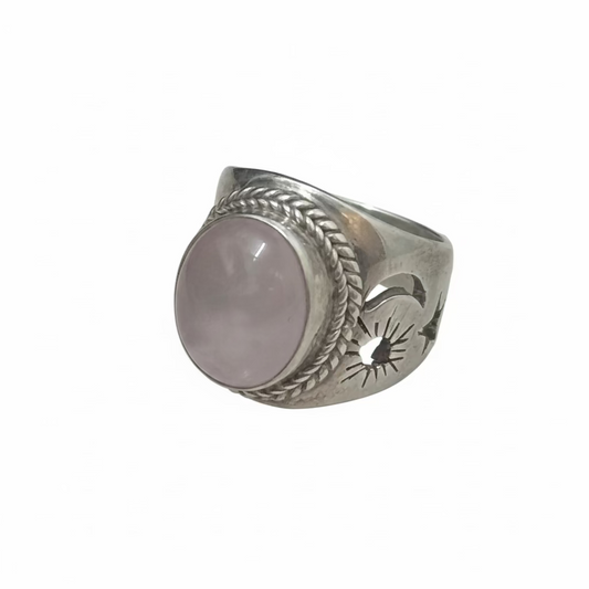 Rose Quartz Oval Round Sterling Silver Ring size 6 – elegant silver jewelry featuring oval and round pink rose quartz stones symbolizing love and emotional healing.
