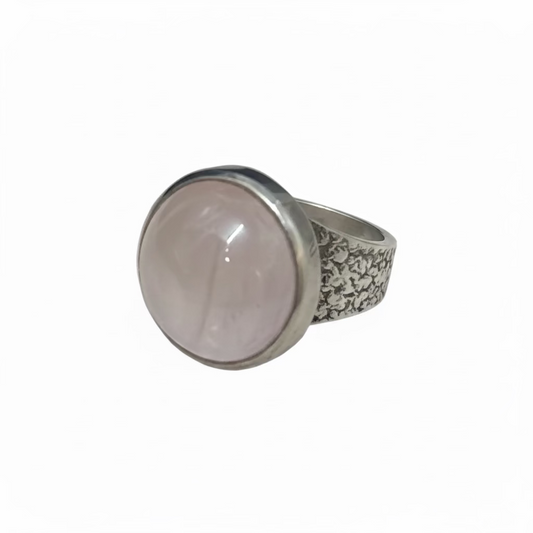 Rose Quartz Oval Round Sterling Silver Ring size 6 – elegant silver jewelry featuring oval and round pink rose quartz stones symbolizing love and emotional healing.
