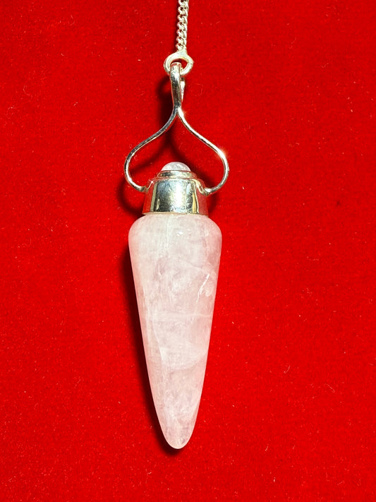 Rose Quartz and Rainbow Moonstone Sterling Silver Pendulum – elegant divination tool combining loving rose quartz and iridescent rainbow moonstone crystals.
