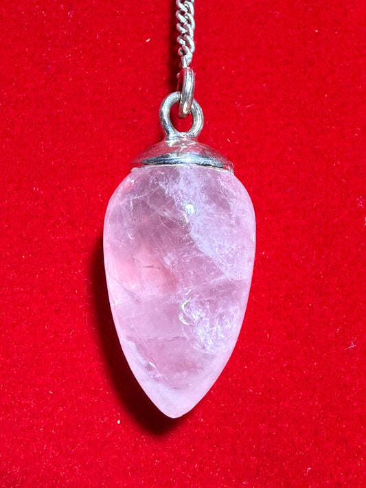 Rose Quartz Sterling Silver Pendulum – gentle divination tool featuring pink rose quartz crystal symbolizing love and emotional healing.
