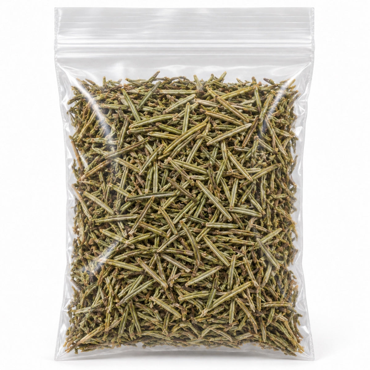 Dried rosemary leaves loose herb in clear resealable bag on white background