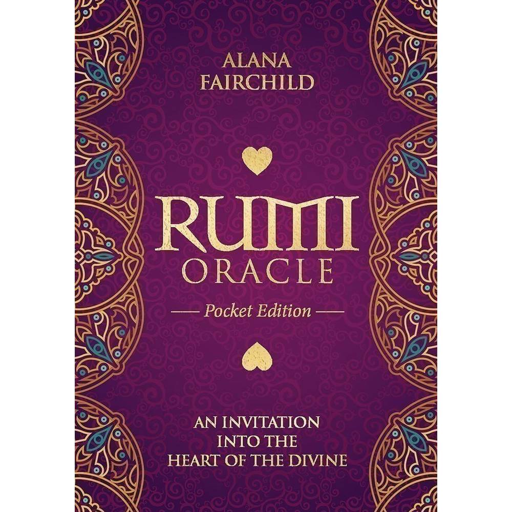 Rumi Oracle Pocket Edition by Alana Fairchild with art by Rassouli – A compact 44-card pocket oracle deck featuring Rumi's poetry, vibrant mystical artwork, and an instruction card—all in a hardcover box.
