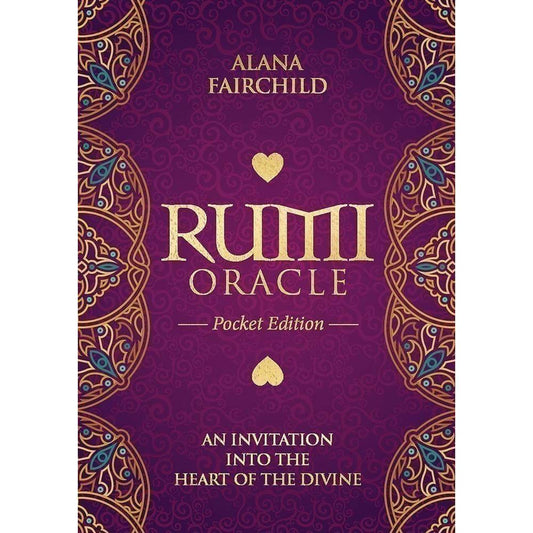 Rumi Oracle Pocket Edition by Alana Fairchild with art by Rassouli – A compact 44-card pocket oracle deck featuring Rumi's poetry, vibrant mystical artwork, and an instruction card—all in a hardcover box.
