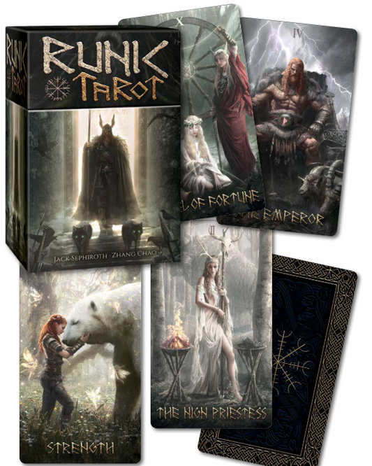 Runic Tarot Deck by Jack Sephiroth – a 78-card deck intertwining Norse mythology and runes with traditional tarot archetypes.
