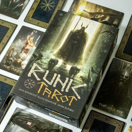 Runic Tarot Kit by Jack Sephiroth – a Norse-inspired 78-card deck blending runes, mythology, and tarot symbolism.

