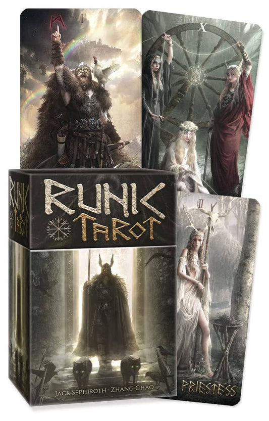 Runic Tarot Mini by Jack Sephiroth – compact 78‑card Norse mythology tarot deck blending runes, gods, and elemental wisdom.
